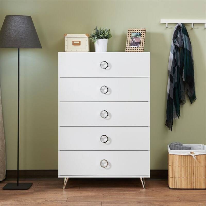 Contemporary Dresser Chest with 5 Drawers, White Storage